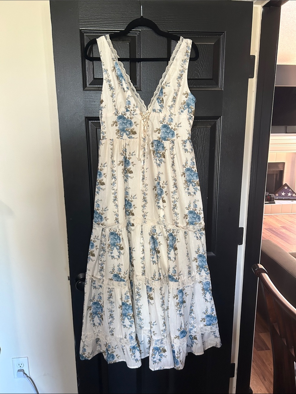 Floral Tiered V-Neck Maxi Dress in White and Blue